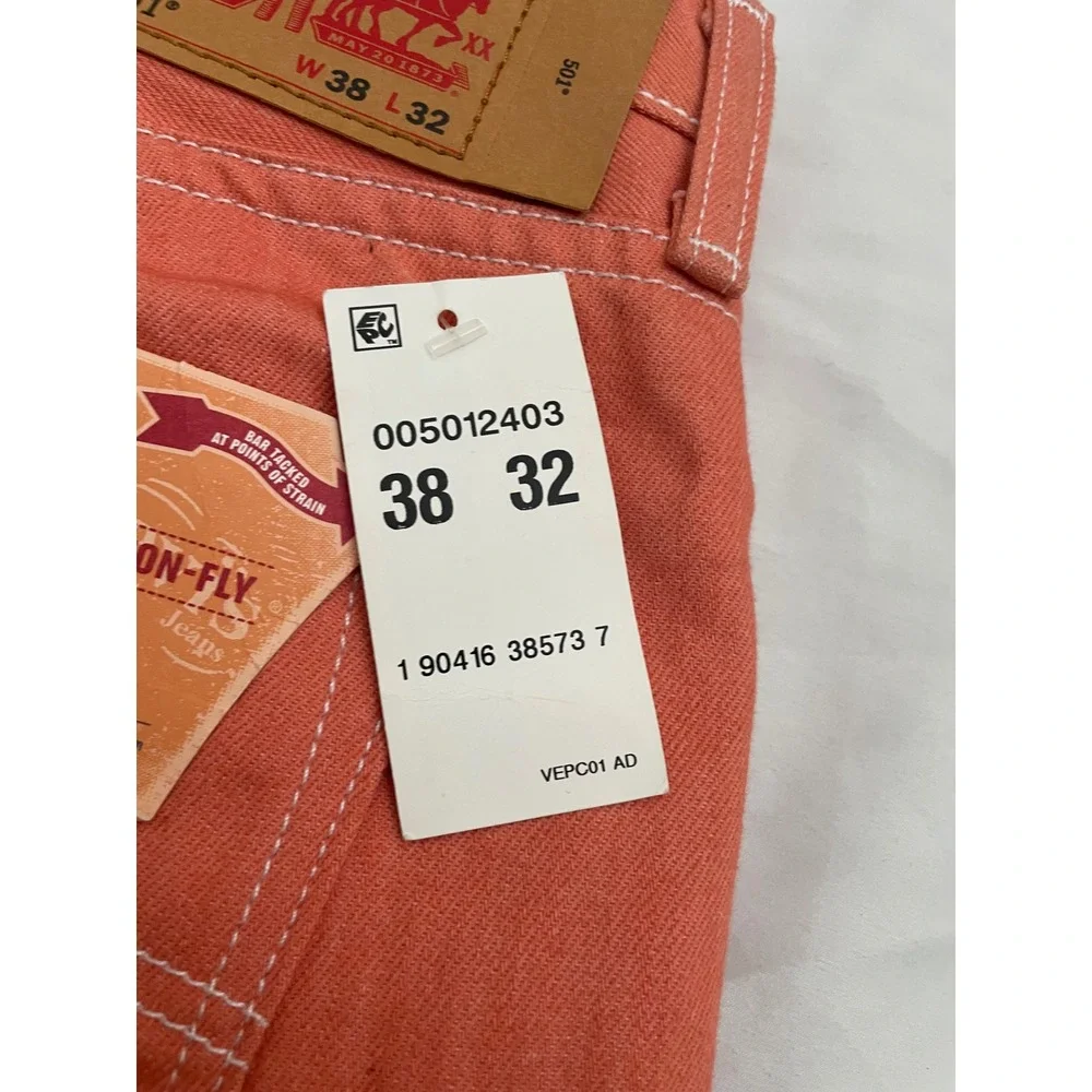 NEW Levis 501 Jeans Mens 38x32 Orange Coral Raw Denim Button Fly Shrink to Fit